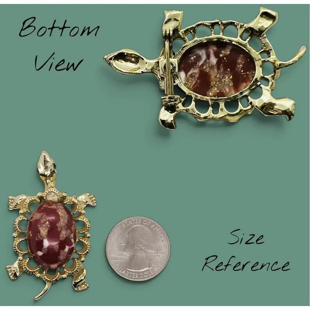 Vintage Turtle Brooch-Thermoset Faux Jasper-Gold Tone-Green Rhinestone Eyes-Pin
